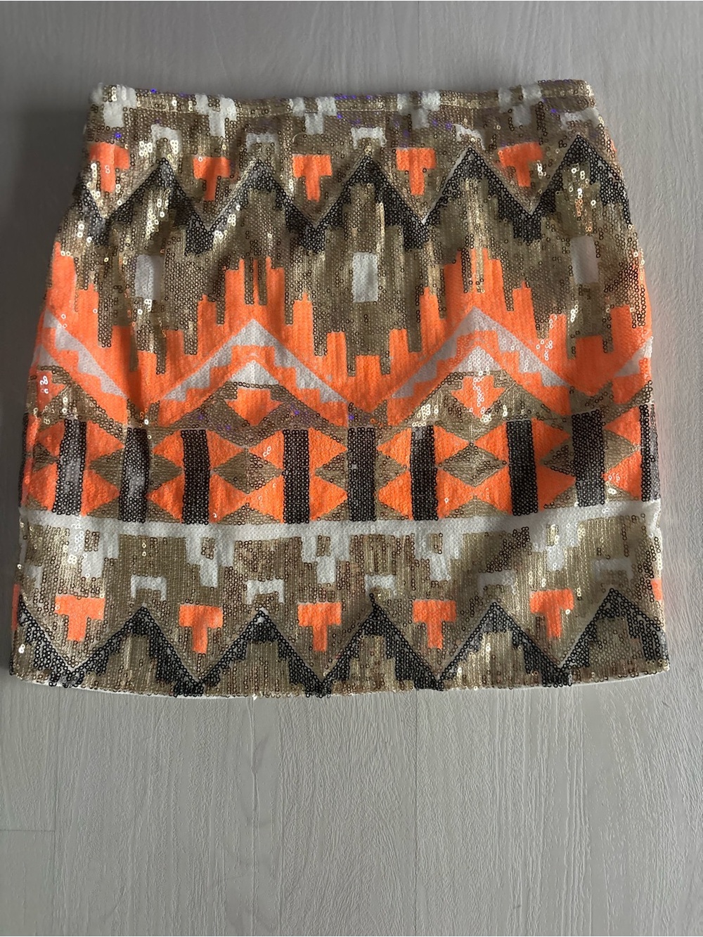 Xenia Boutique Neon Orange and Gold Sequin Aztec Mini Skirt